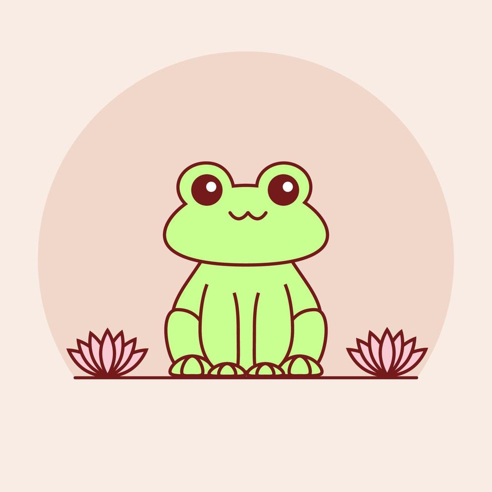 Cartoon frog with lilies. Cute sitting frog. Vector stock illustration.