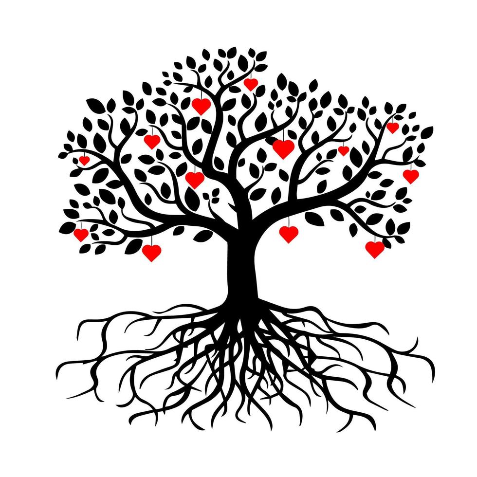Black tree with roots and hearts. Vector stock illustration.
