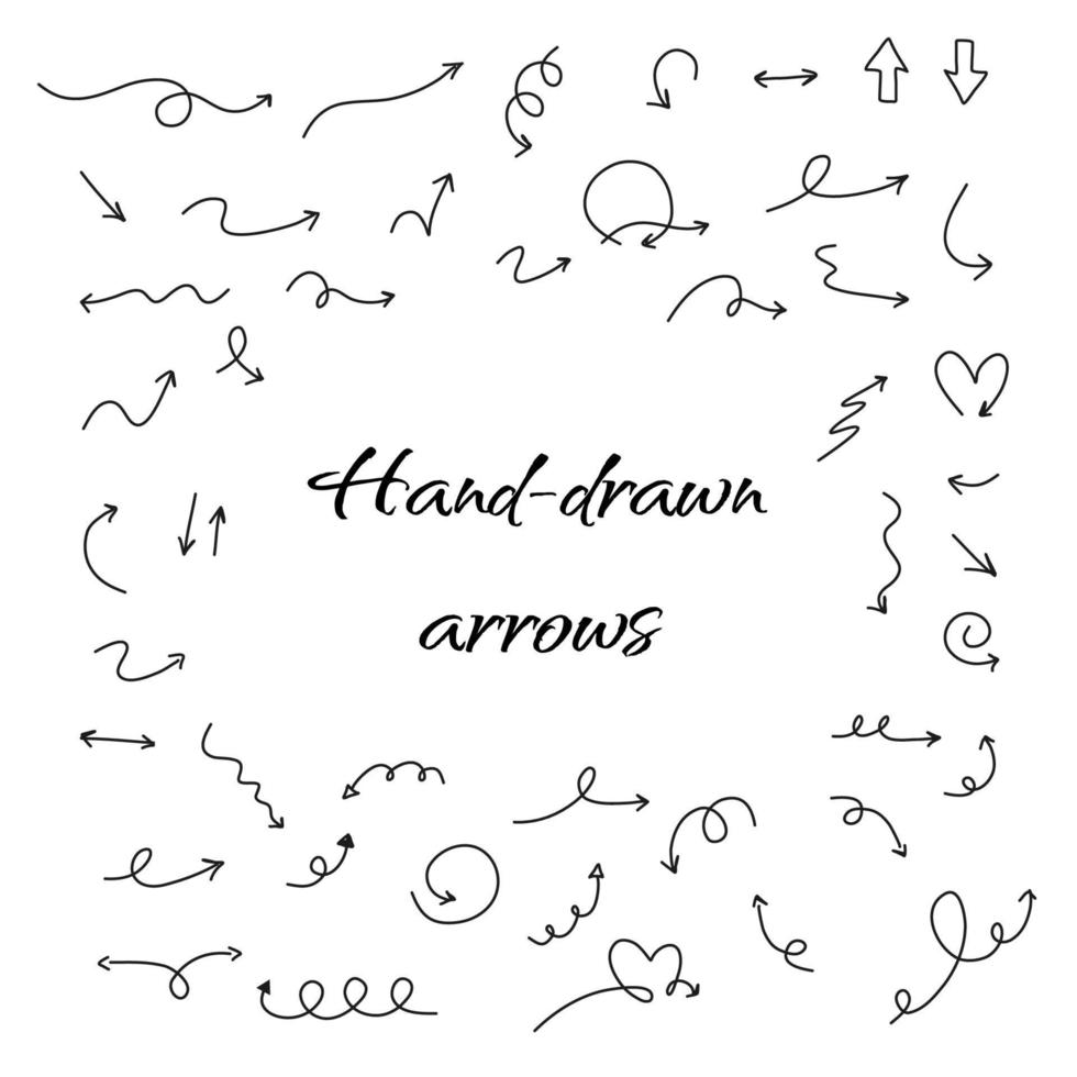 Hand drawn arrows set. Collection of vector doodle arrows in different shapes and directions.