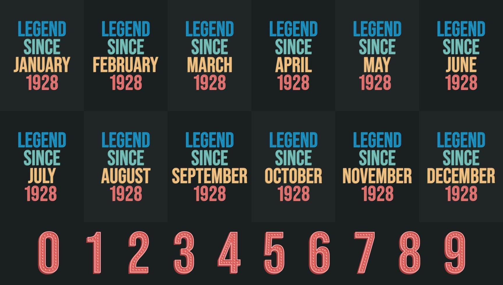 Legend since 1928 all month includes. Born in 1928 birthday design bundle for January to December vector