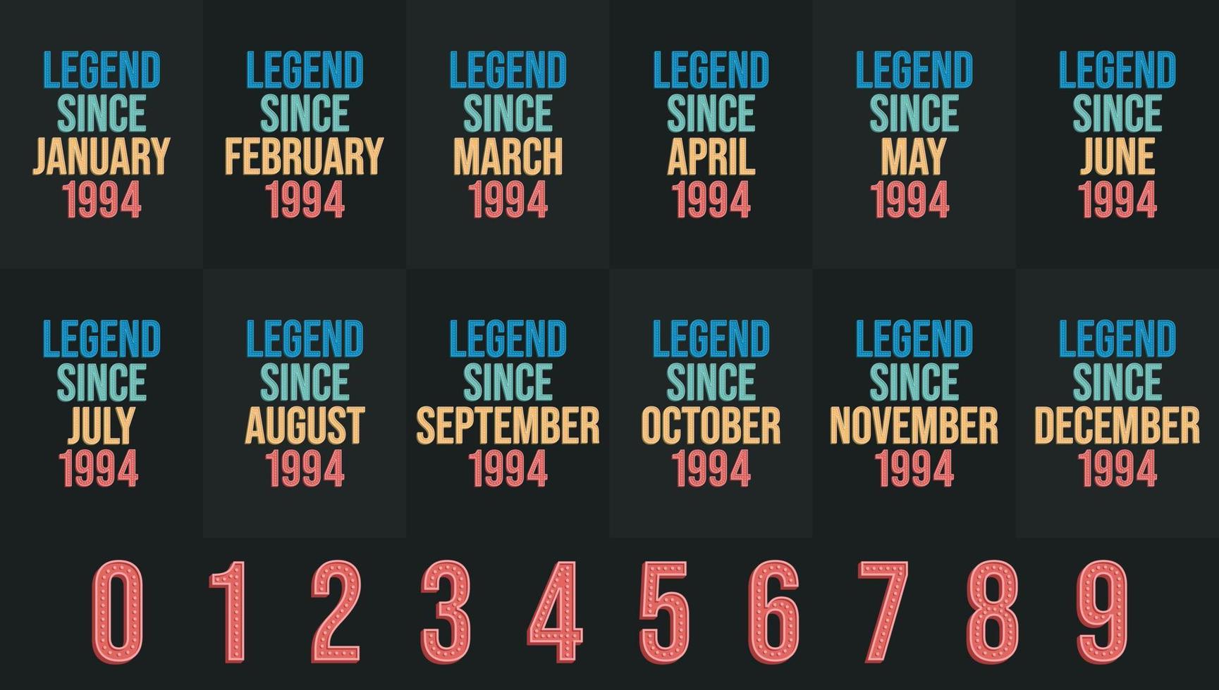 Legend since 1994 all month includes. Born in 1994 birthday design bundle for January to December vector