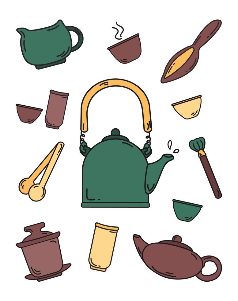 Set of items for traditional oriental tea drinking. Teapot, gaiwan, drinking bowls, jia tsu tongs, Teapot brush. vector