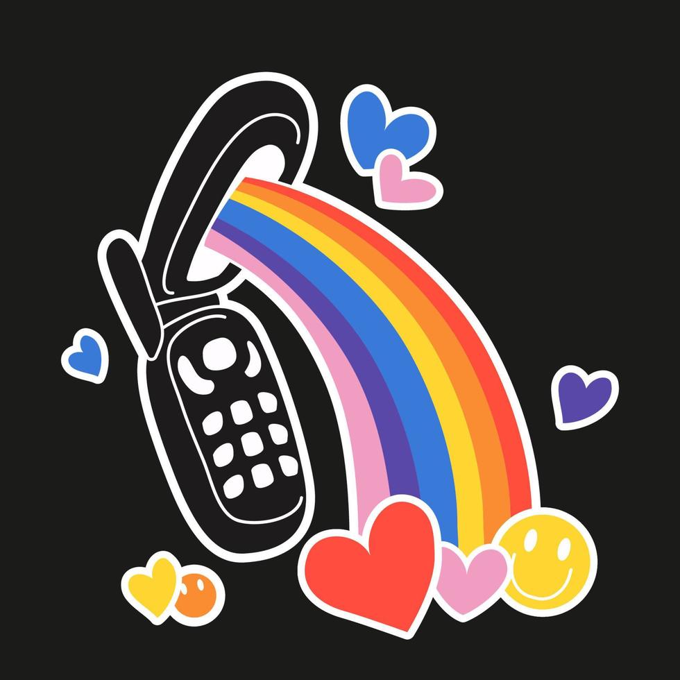 MobileCute retro flip phone sticker with a rainbow in a retrowave aesthetic. Girly Sticker vector