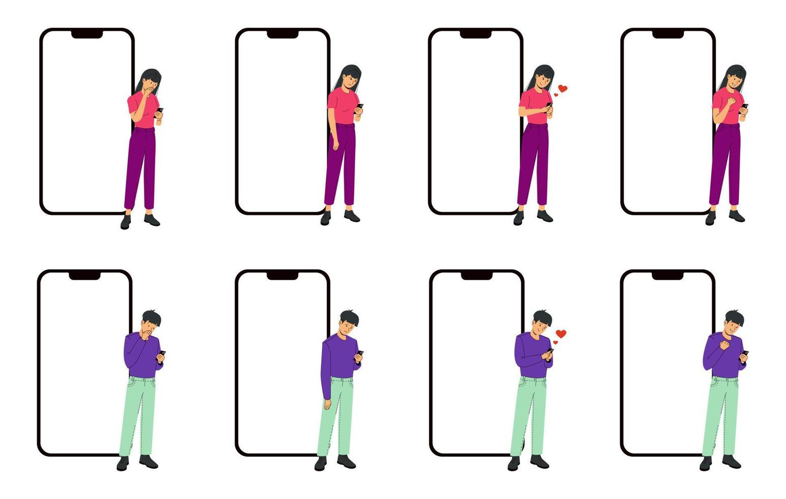 plantilla de pantalla iphone 14 pro junto a una mujer o un hombre con diferentes emociones. conjunto moderno vectorial vector