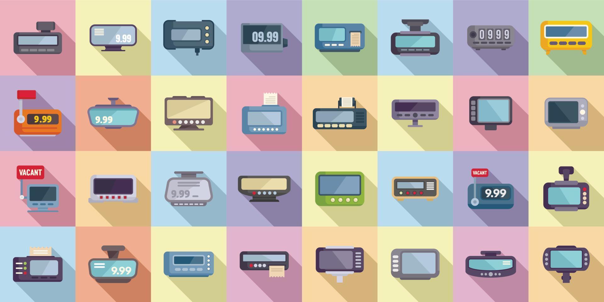 Taximeter icons set flat vector. Auto trip vector