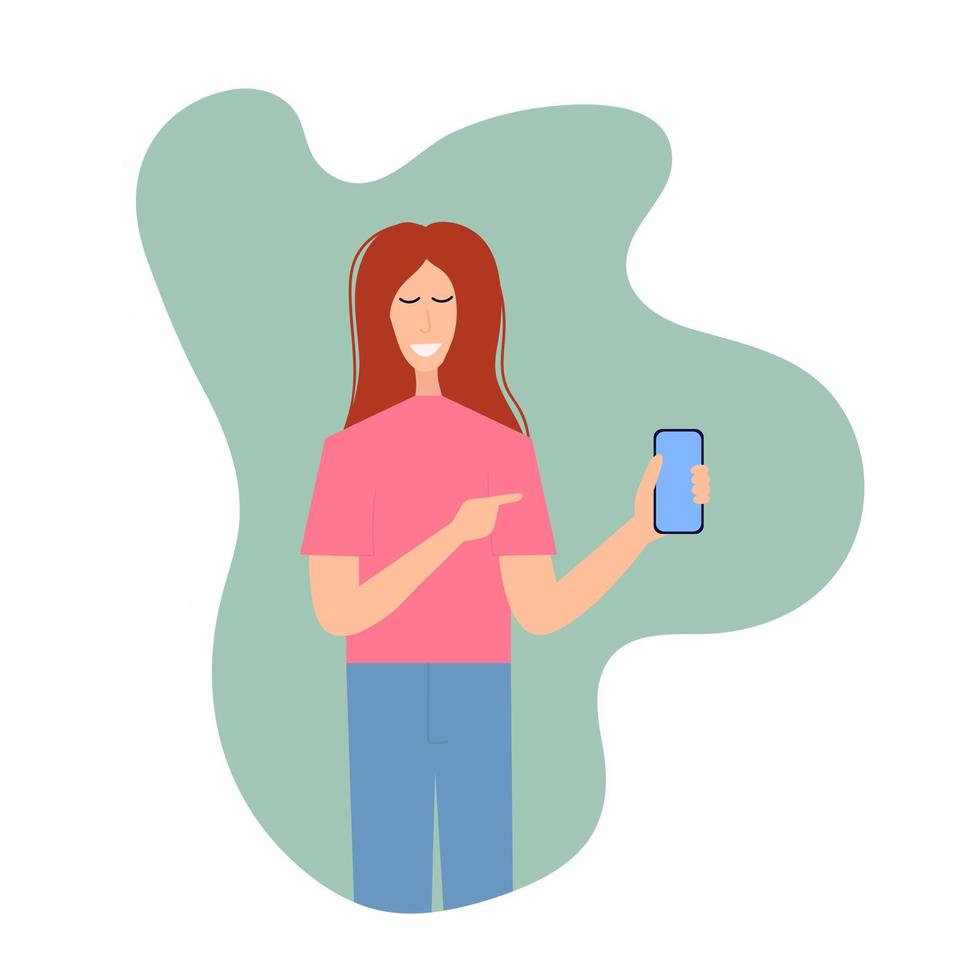 Young smiling woman holding mobile phone and showing screen phone. Vector stock illustration