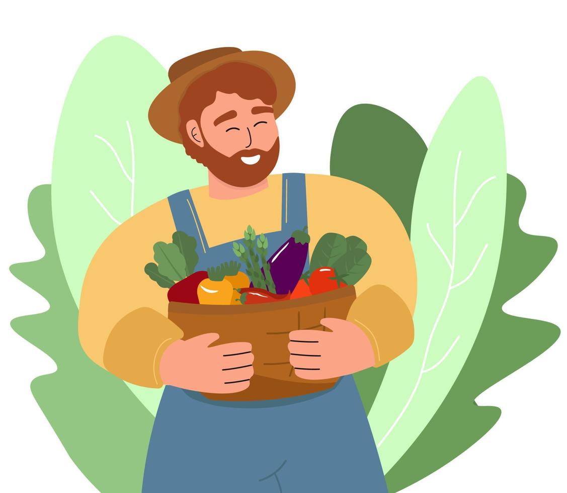 A farmer in a hat and uniform with a basket of vegetables and herbs. A good harvest of tomatoes, eggplant, beets, asparagus. Vector graphics.