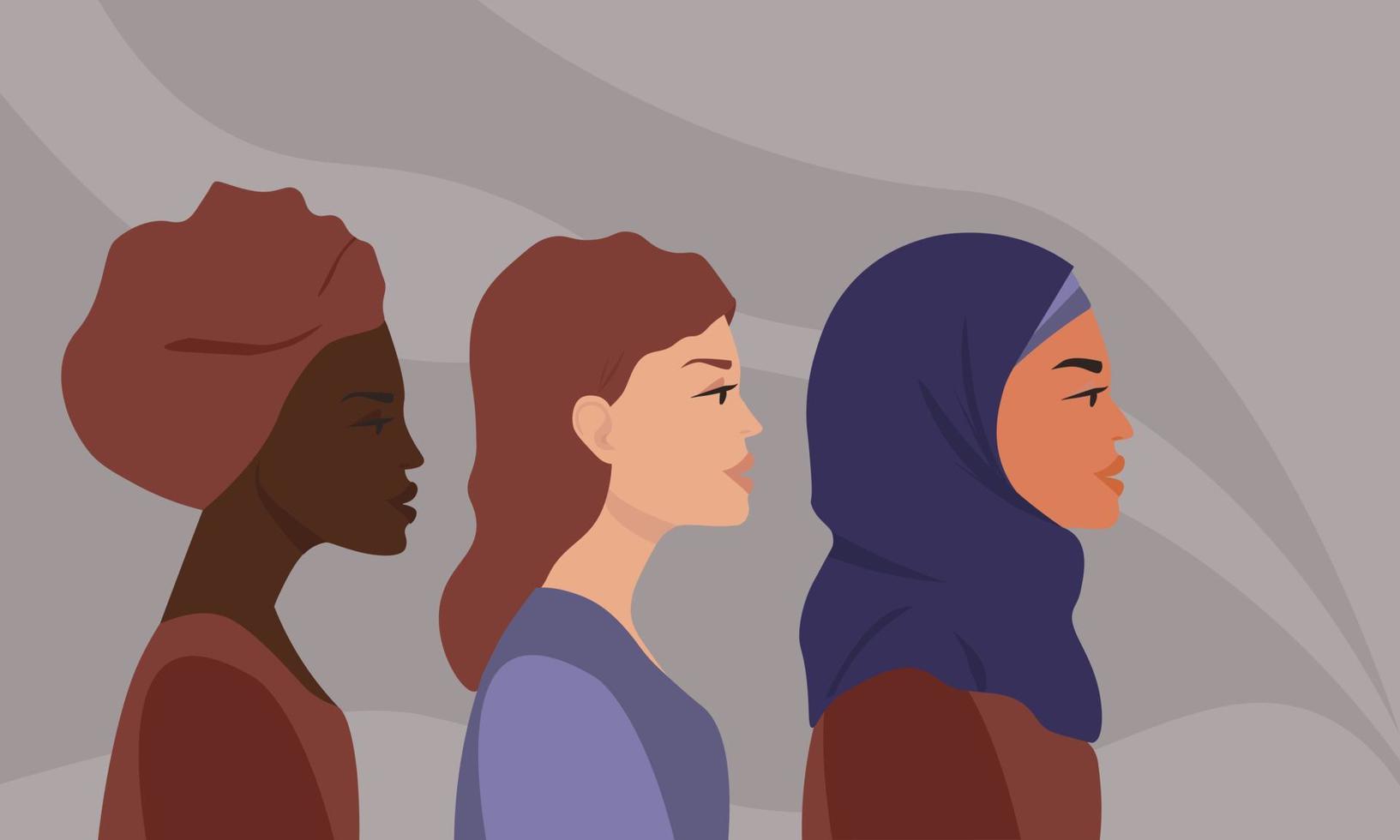 mujeres de diferentes nacionalidades, religiones, color de piel de perfil. el concepto de igualdad, derechos, libertad, feminismo. gráficos vectoriales vector