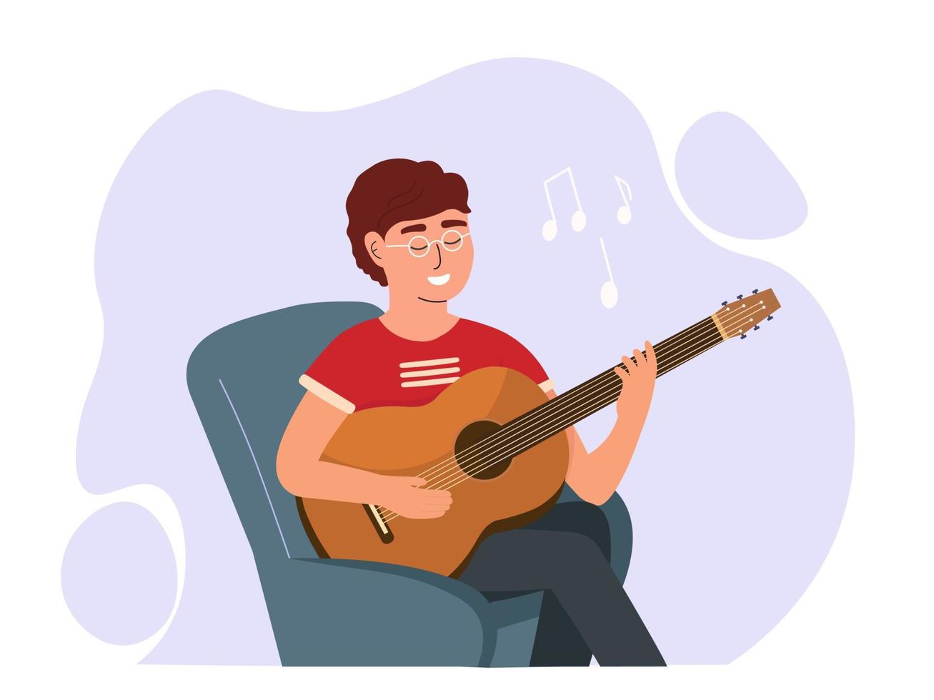 The guy is a musician playing guitar sitting in an armchair. Vector graphics.