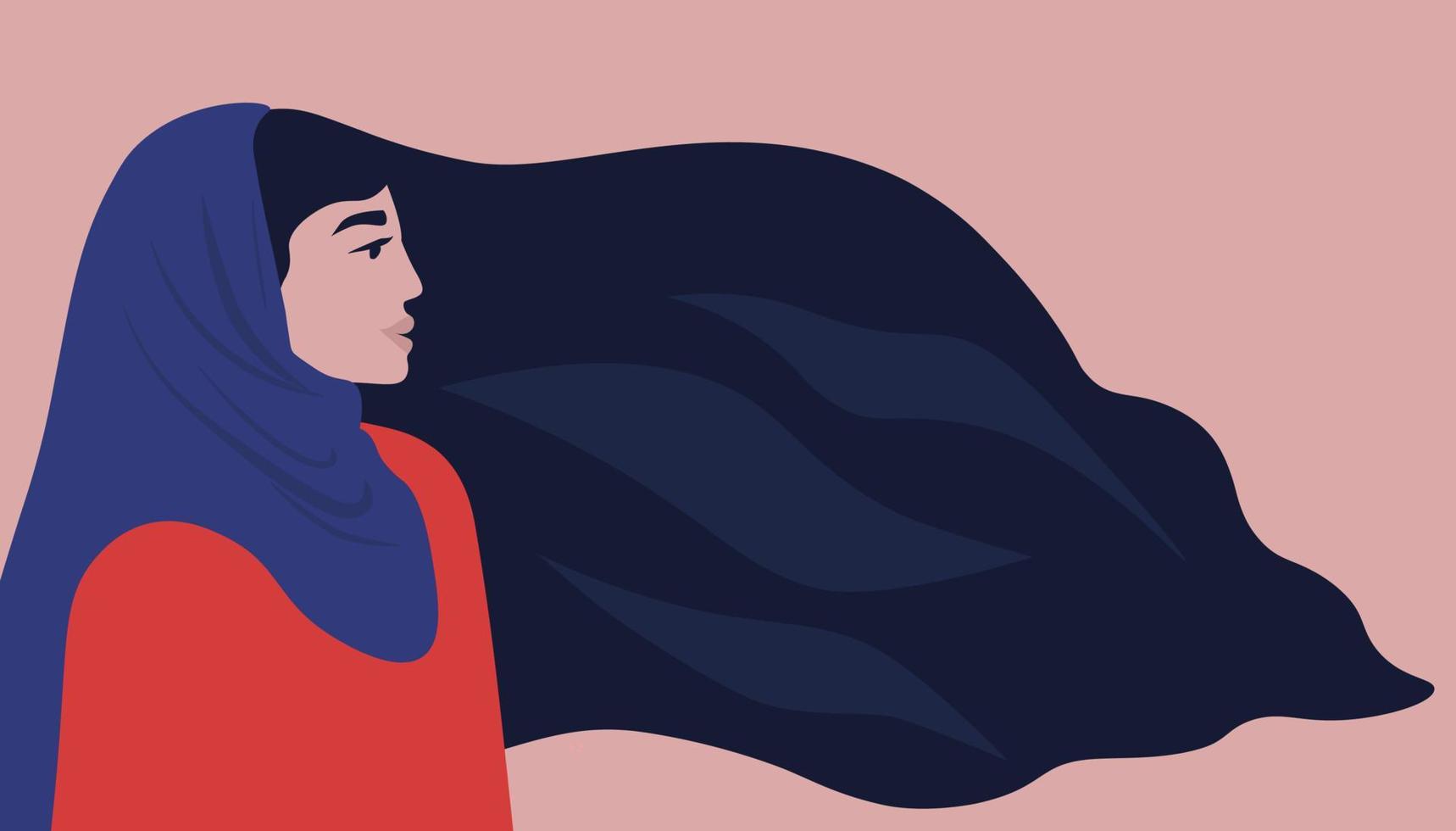 Portrait of a woman in a hijab in profile with long loose hair. The struggle Muslim girls for their rights. Horizontal abstract banner. Vector graphics.