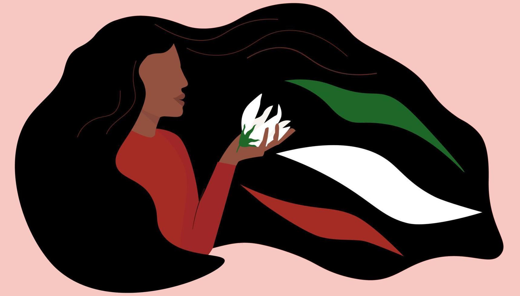 Portrait of a woman in profile with long loose hair. The struggle of Iranian Muslim girls for their rights. Horizontal abstract banner. Vector graphics.