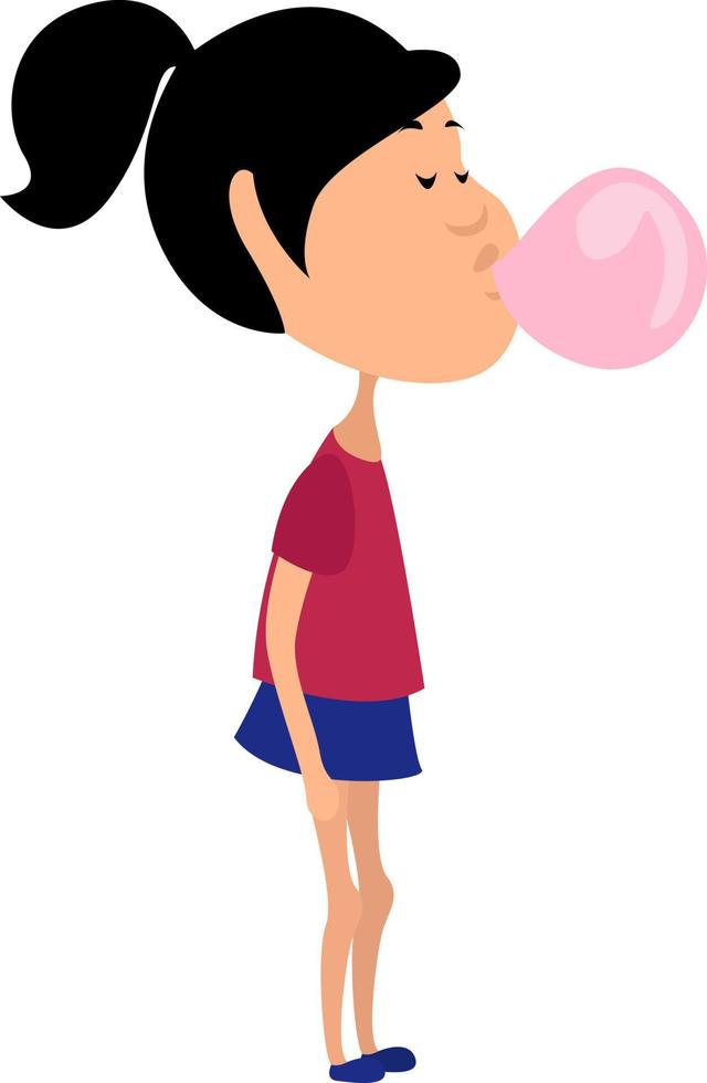 Chica con chicle, ilustración, vector sobre fondo blanco.