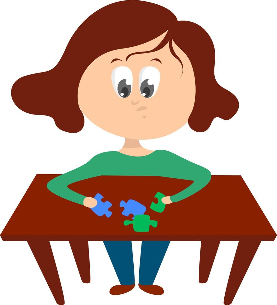 Girl solving puzzle , illustration, vector on white background
