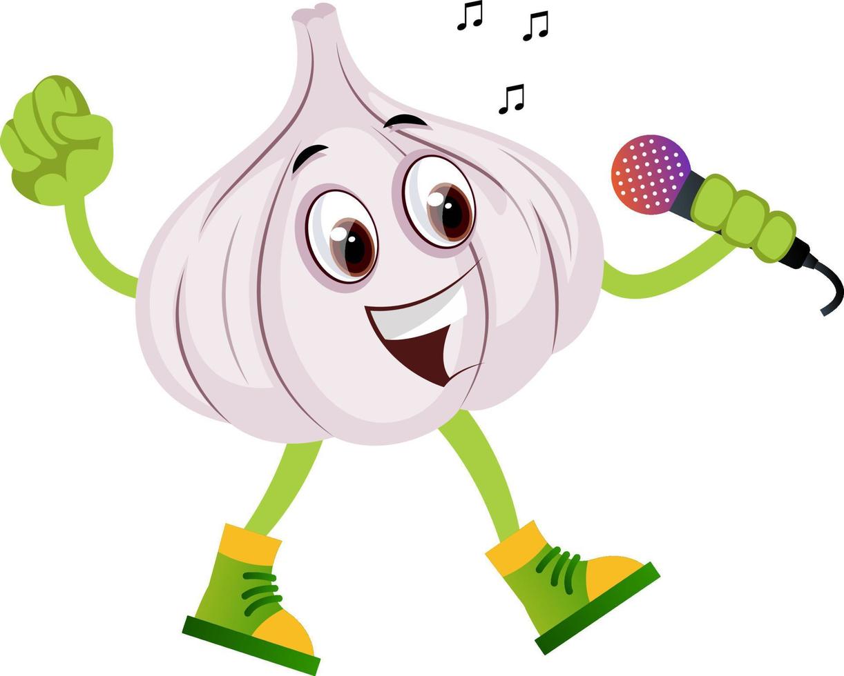 Garlic singing on microphone, illustration, vector on white background.
