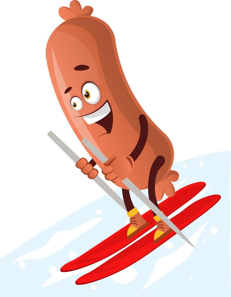 Sausage skiing, illustration, vector on white background.