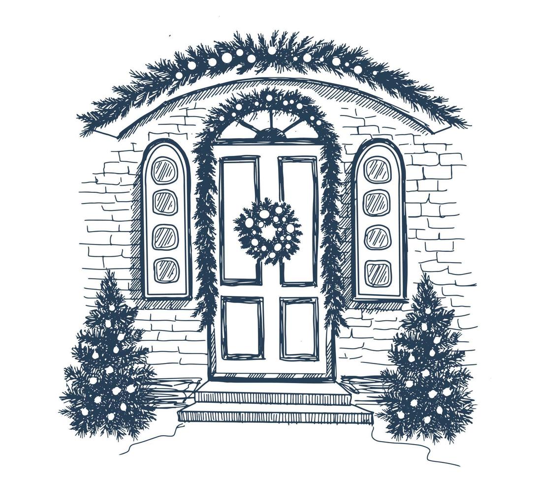 Door decoration. Christmas card poster banner. Hand drawn illustration. Vector. vector