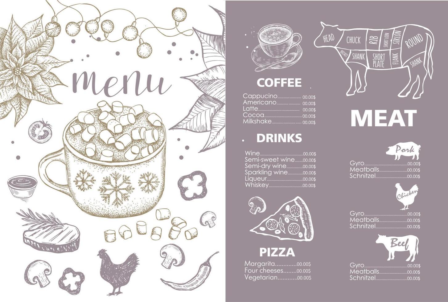 Christmas menu. Design template. Vector hand drawn illustration.