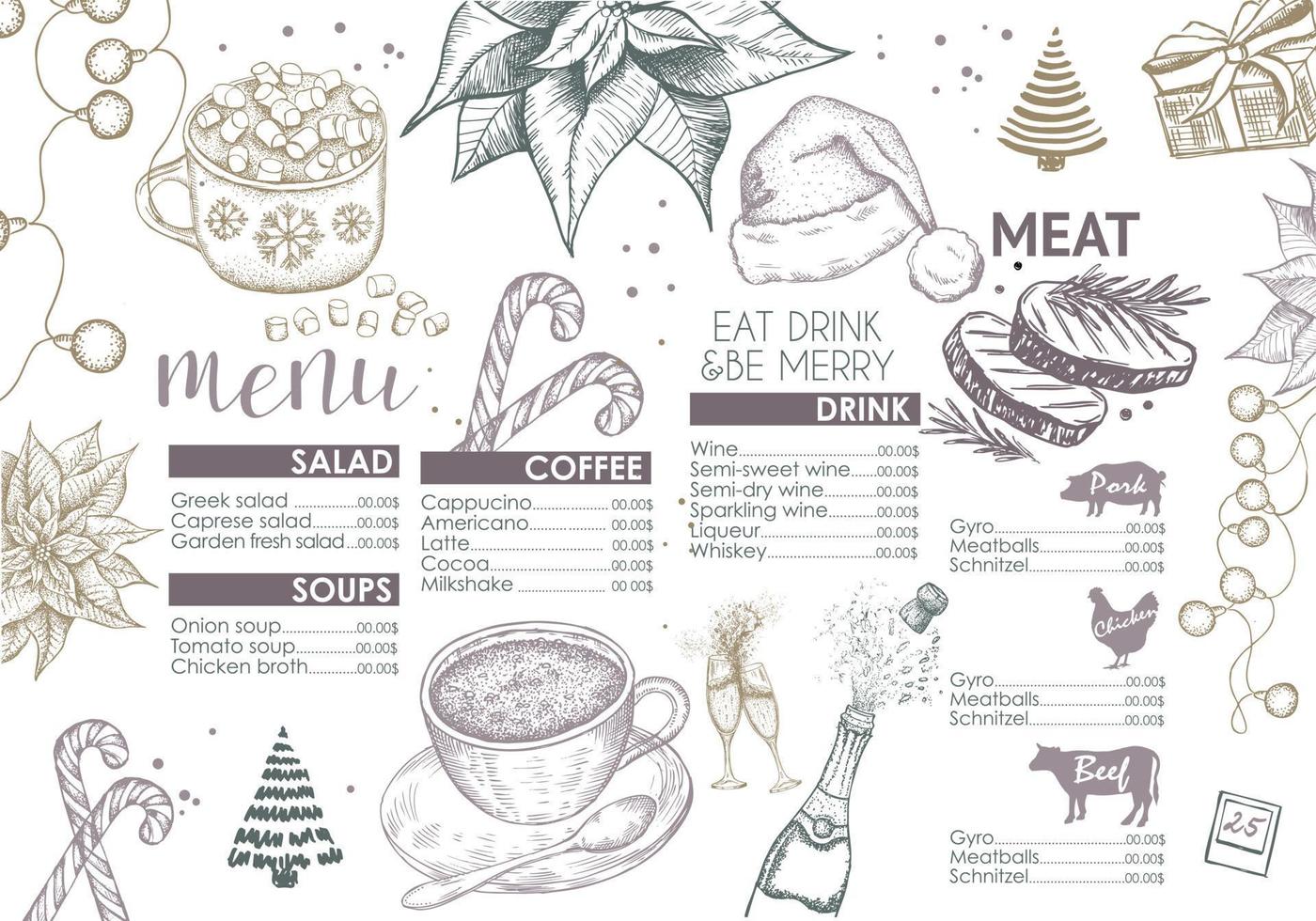 Christmas menu. Design template. Vector hand drawn illustration.