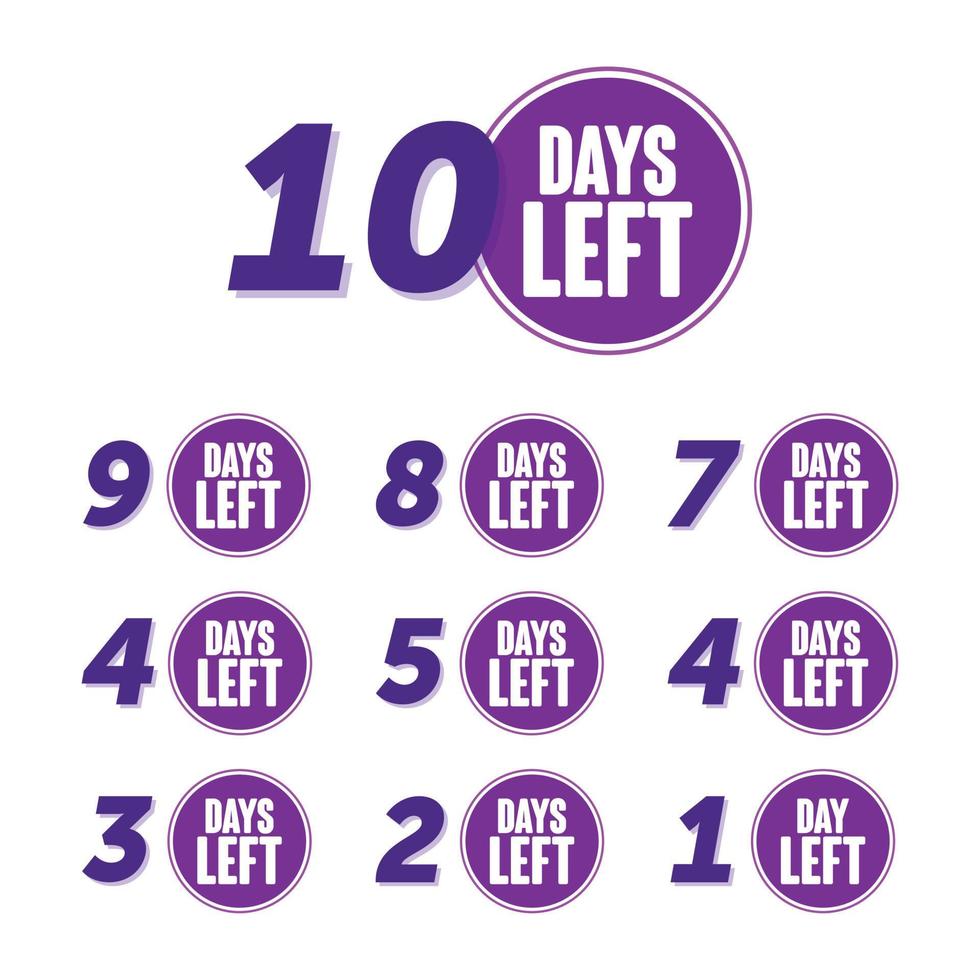 Number of days left 10 to 1 promotional template purple badge vector