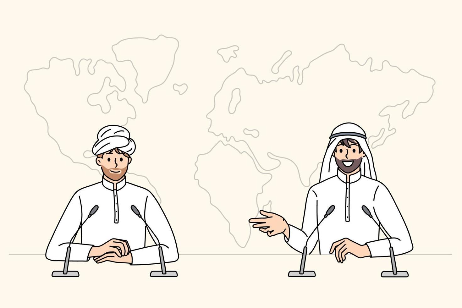 conferencia de prensa del concepto de empresarios árabes. dos hombres islam socios hombres de negocios sentados hablando con conferencia de prensa ilustración vectorial vector