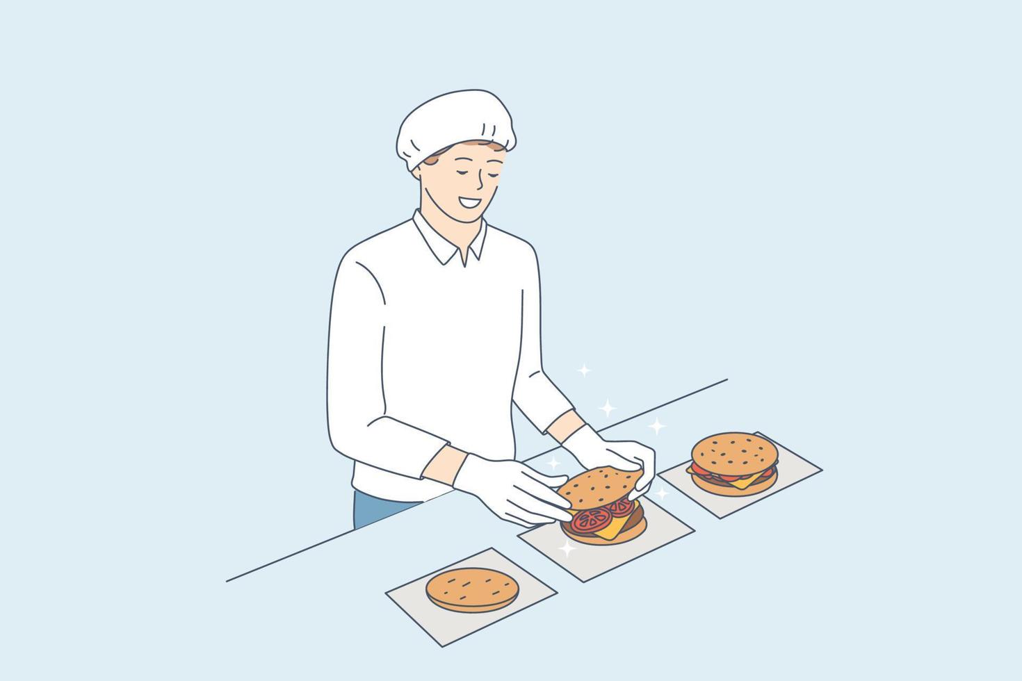 Cooking burgers and junk food cafe concept. Young smiling man chef in uniform and apron cartoon character standing and cooking cheeseburgers in restaurant kitchen vector illustration