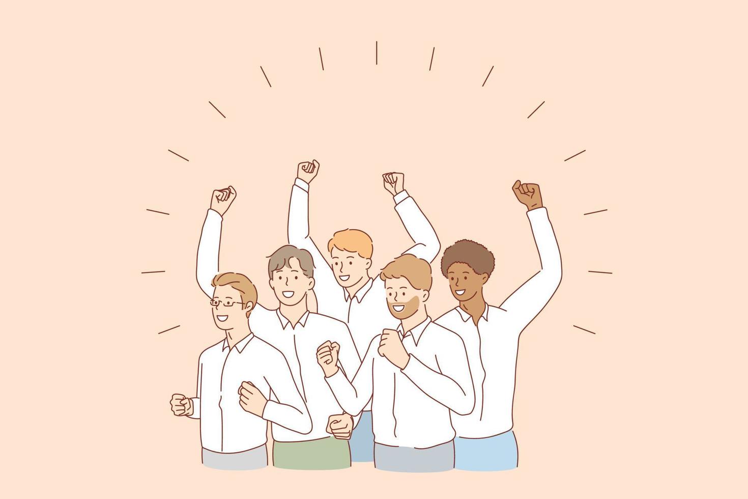 Mixed race team and success concept. Group of young men colleagues worker of various ethnicities standing celebrating success together vector illustration