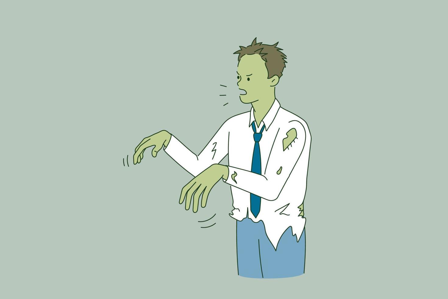 Stress tiredness and feeling zombie concept. Young green tired businessman going walking feeling stressed and workaholic vector illustration
