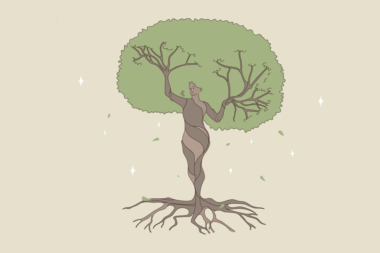 forma de mujer siendo un árbol de bosque natural. ilustración del concepto vectorial de la naturaleza y el equilibrio humano salvando y protegiendo la naturaleza. vector