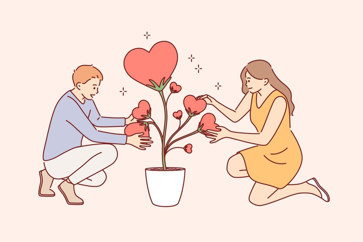 Taking care of love and plants concept. Young smiling couple woman and man cartoon characters sitting holding heart shaped leaves of love plant in pot together vector illustration