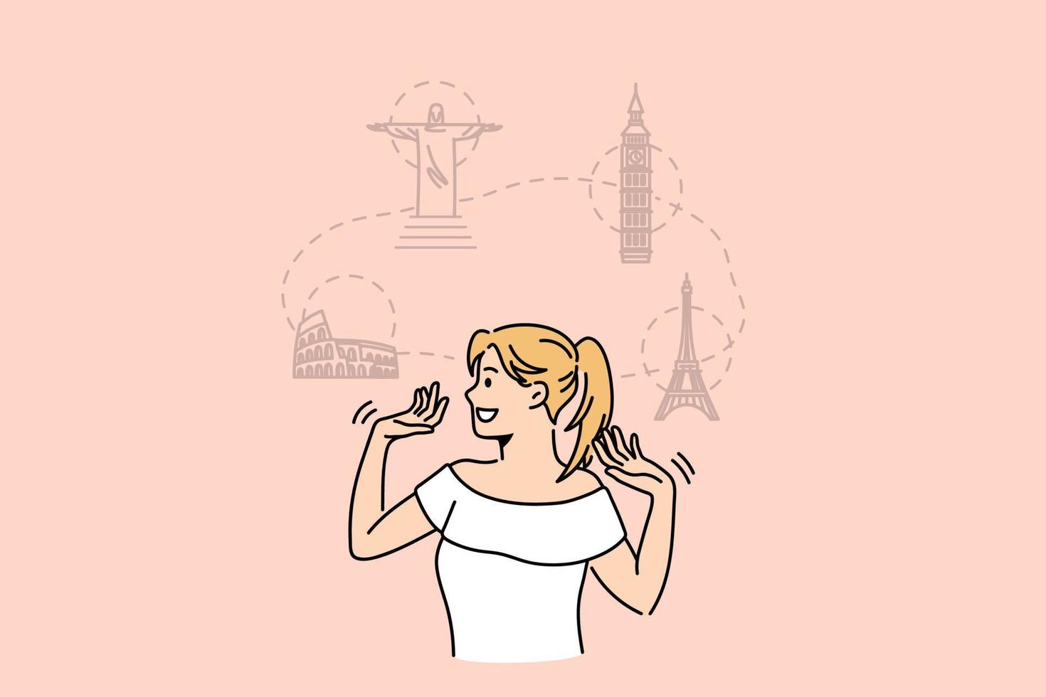 viajar y soñar con el concepto de vacaciones. joven personaje de dibujos animados de mujer rubia sonriente de pie soñando con un viaje a roma rio londres y parís ilustración vectorial vector