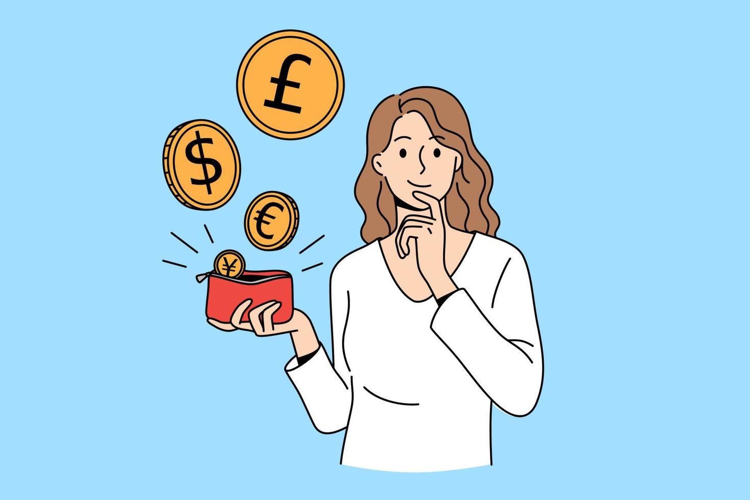Various currency and money concept. Young smiling woman cartoon character standing holding red purse with flying different coins vector illustration