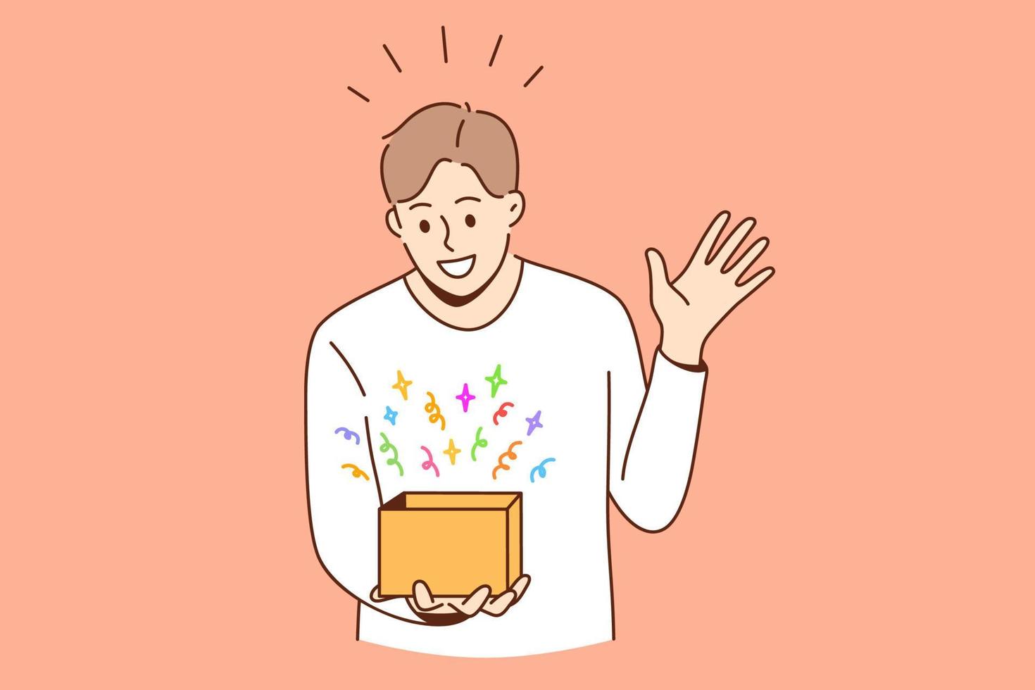 Feeling surprised and amazed concept. Young smiling boy man cartoon character standing looking at box with colorful surprise feeling amazed vector illustration