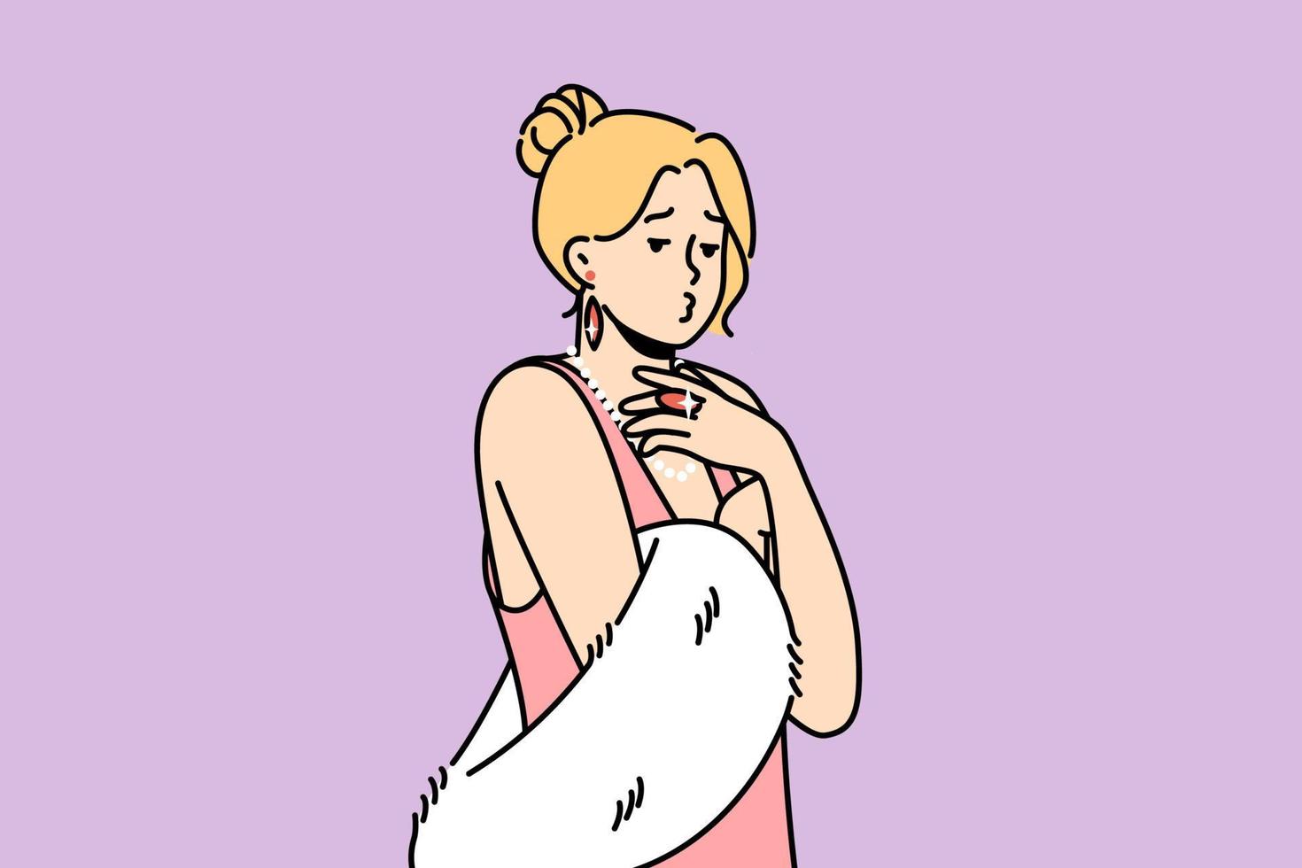 Glamour young blonde woman in dress and fur posing sending air kiss. Sexy beautiful girl posing with accessories and jewelry. Fashion and style. Vector illustration.