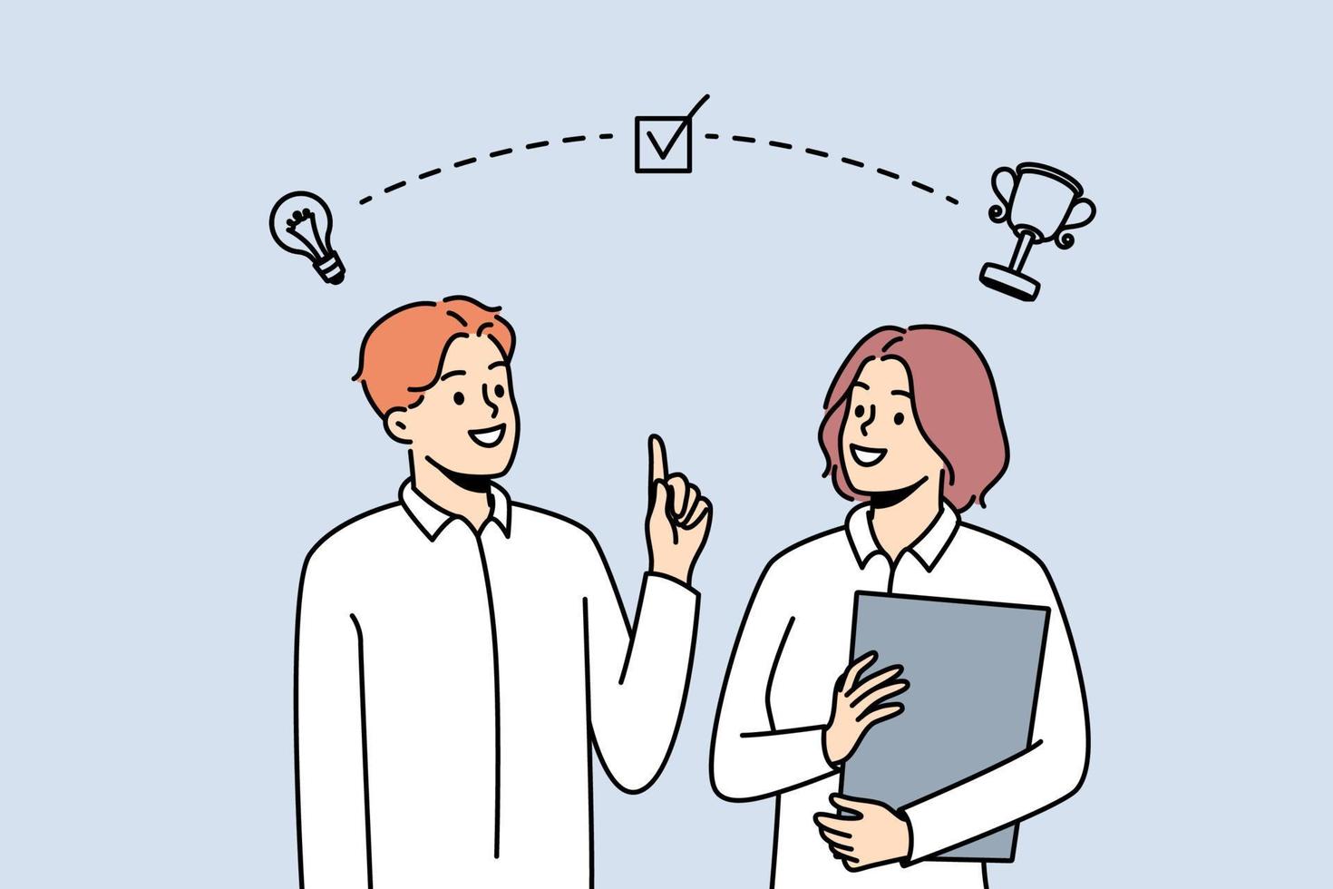 Smiling businesspeople brainstorm together for shared success or goal. Happy employees generate creative business ideas for achievement. Vector illustration.