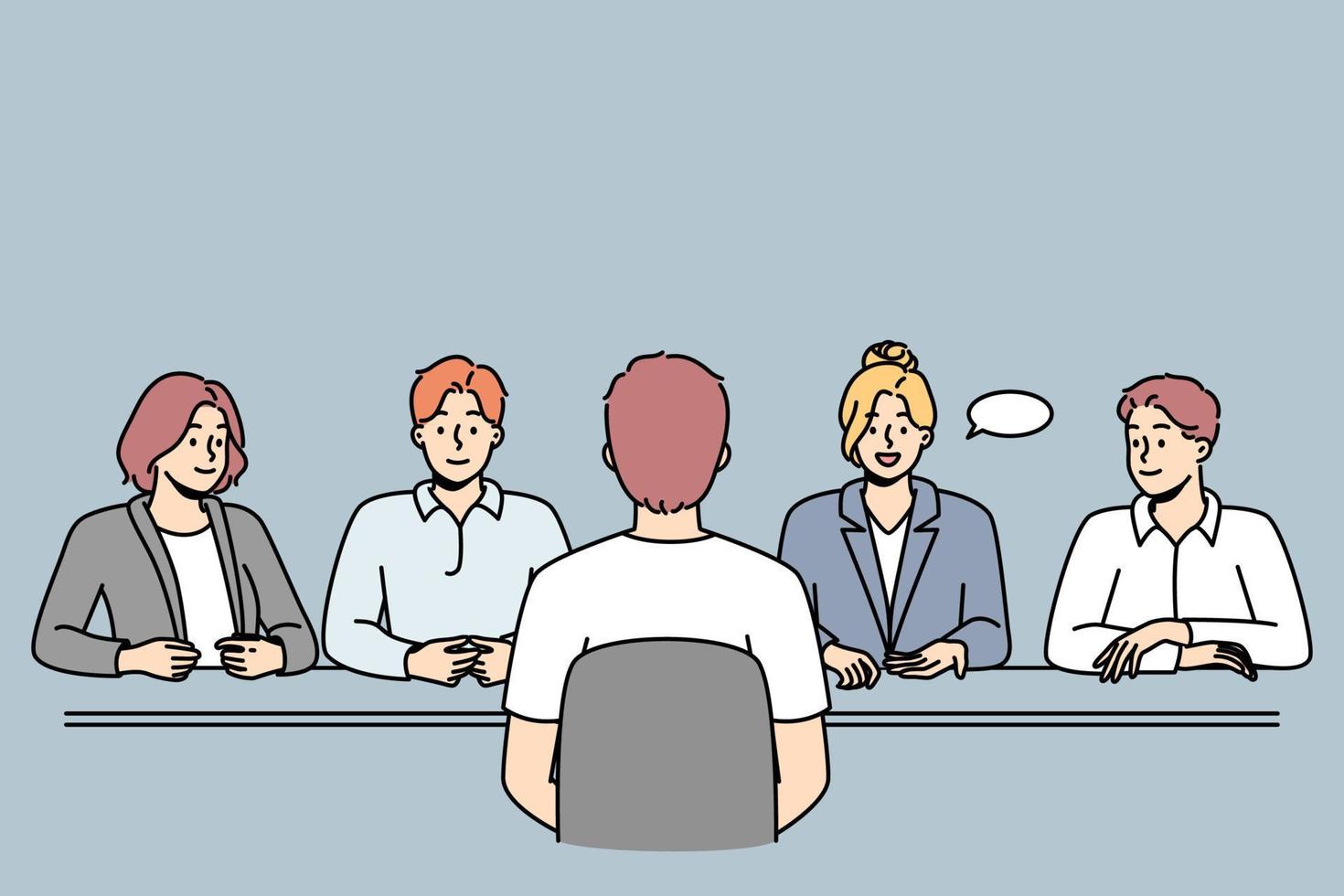Man talk with recruitment team at interview in office. Male job candidate or applicant at employment talk. Hiring and HR. vector illustration.