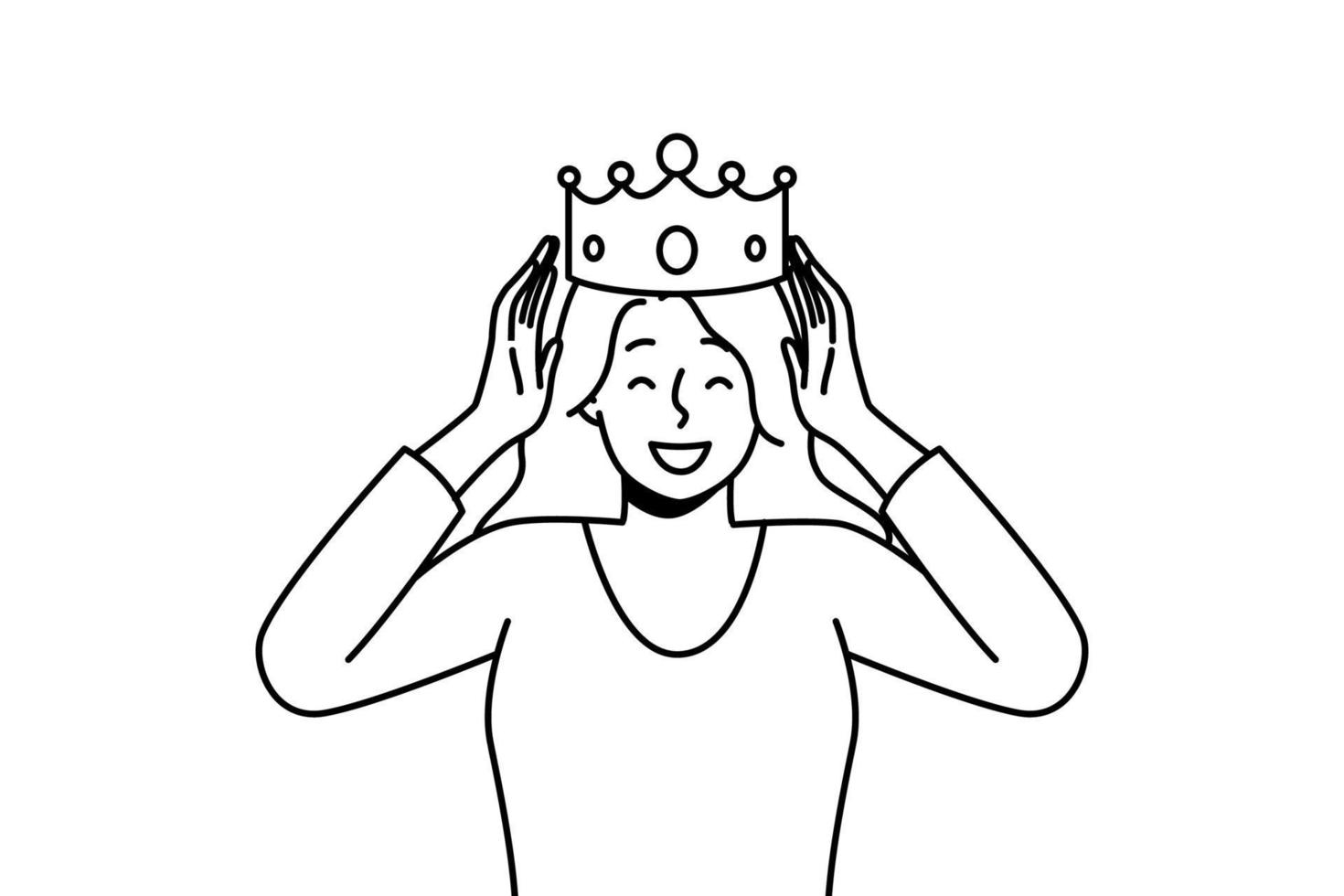 Smiling young woman with crown on head celebrate success. Happy confident female crowned for good results or achievements. Vector illustration.