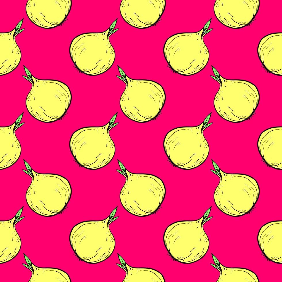 Yellow onions, seamless pattern on pink background. vector