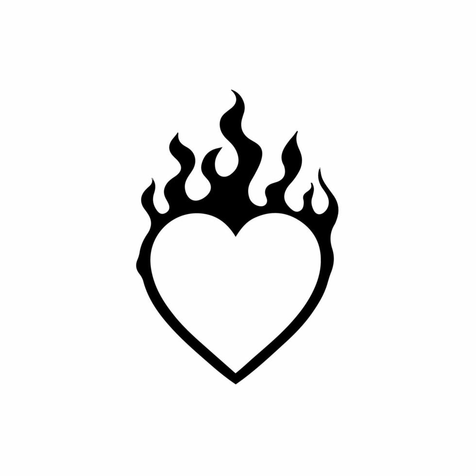 Flaming Heart Love on Fire Symbol Logo on White Background. Tribal Stencil Tattoo Design Concept. Flat Vector Illustration.