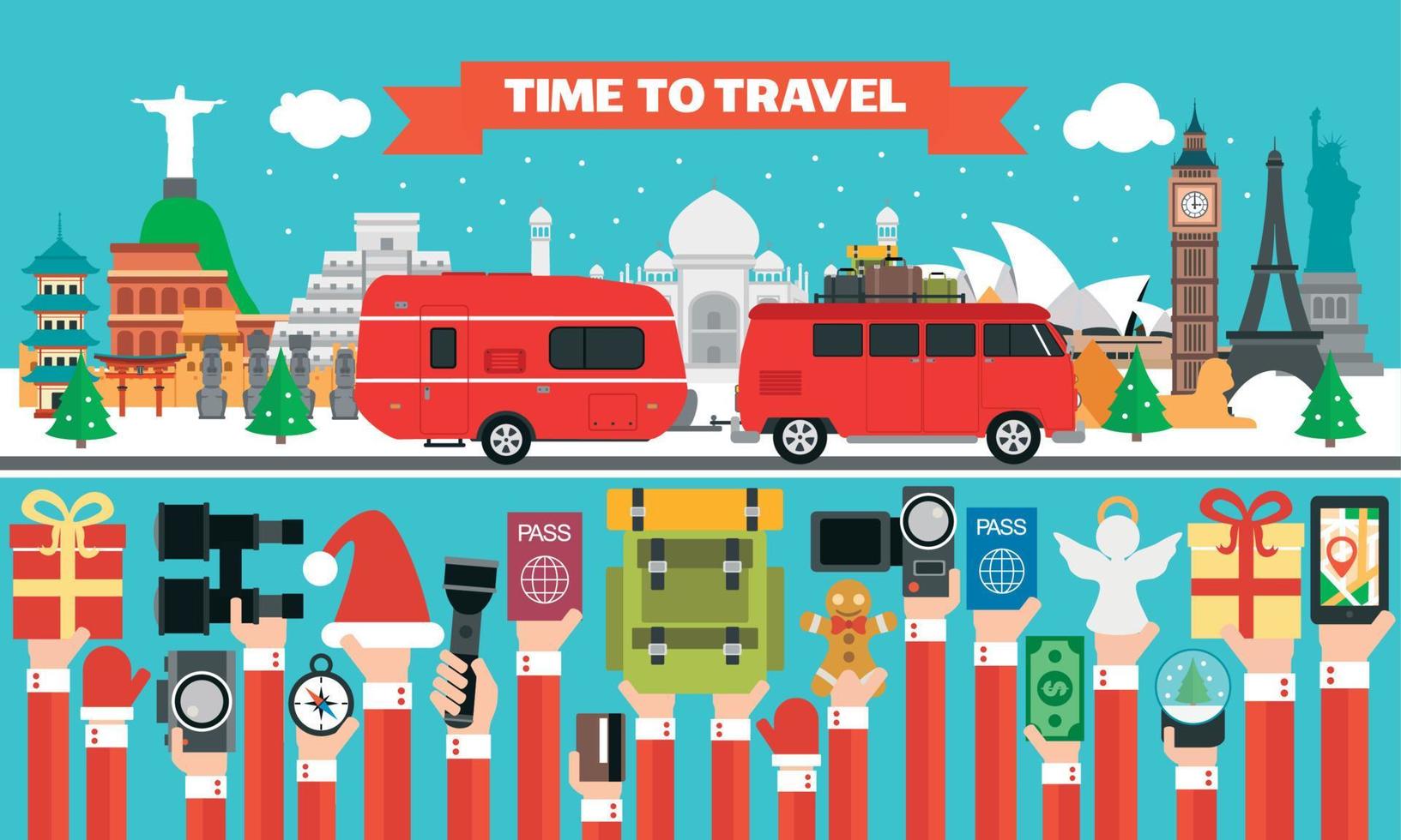 New Year time to travel design flat with SUV, trailer camping, around the world vector