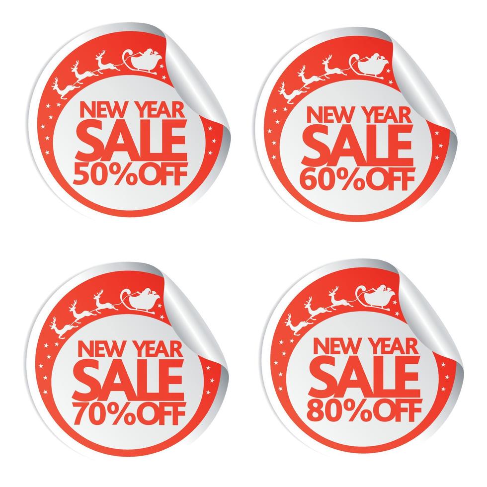 New Year sale stickers 50,60,70,80 with santa ,deer and sleigh vector