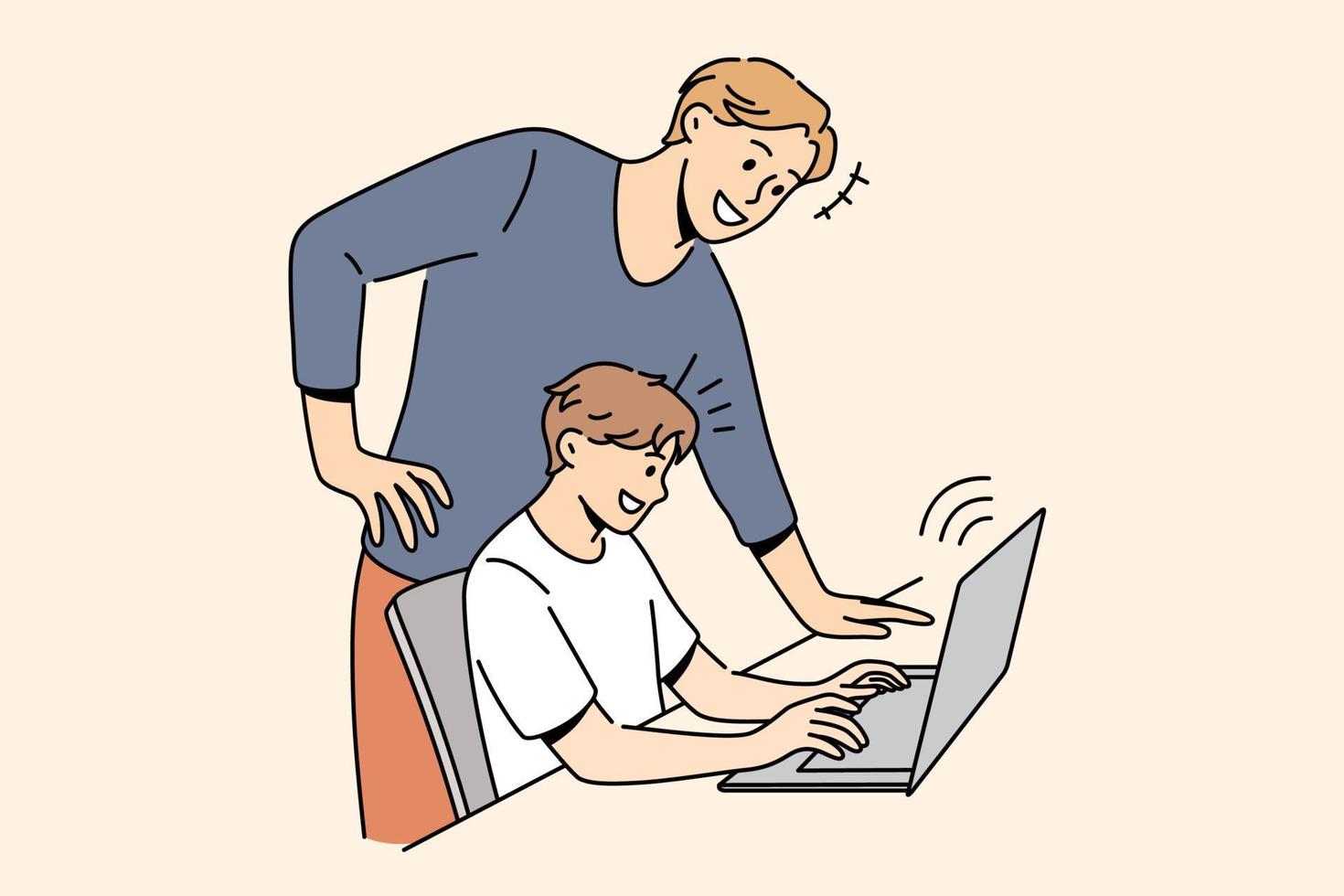 concepto de educación y aprendizaje en línea. hombre sonriente padre de pie cerca de su hijo sentado en la computadora portátil escribiendo algo enseñando a controlar la ilustración vectorial vector