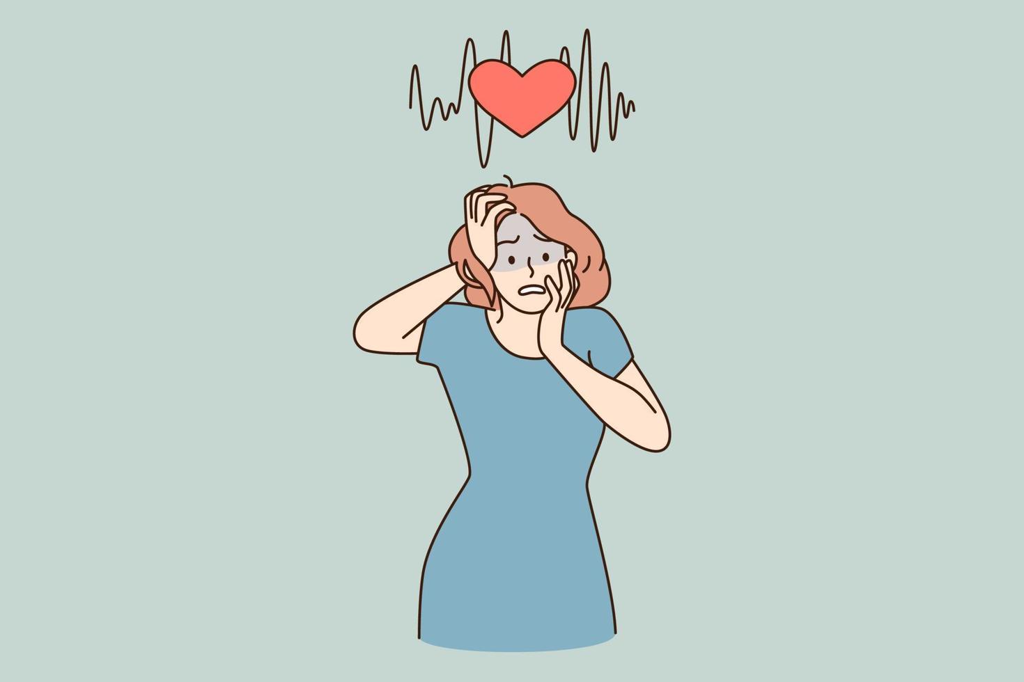 Feeing heart burn and panic concept. Young stressed shocked woman cartoon character standing touching face feeling panic vector illustration
