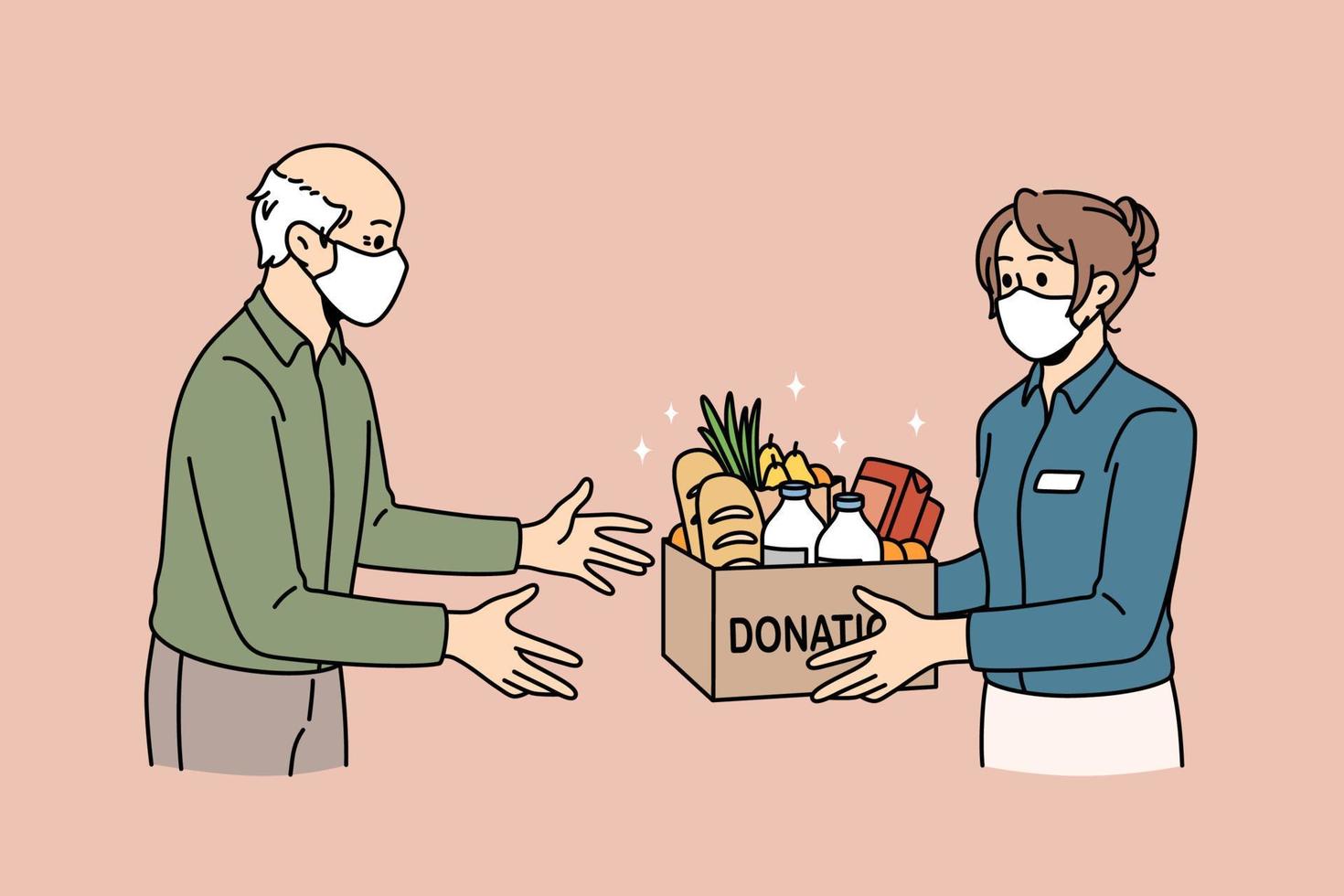 Charity and donating food concept. Young woman volunteer in medical protective mask giving Box with donation word full of products food for elderly man vector illustration