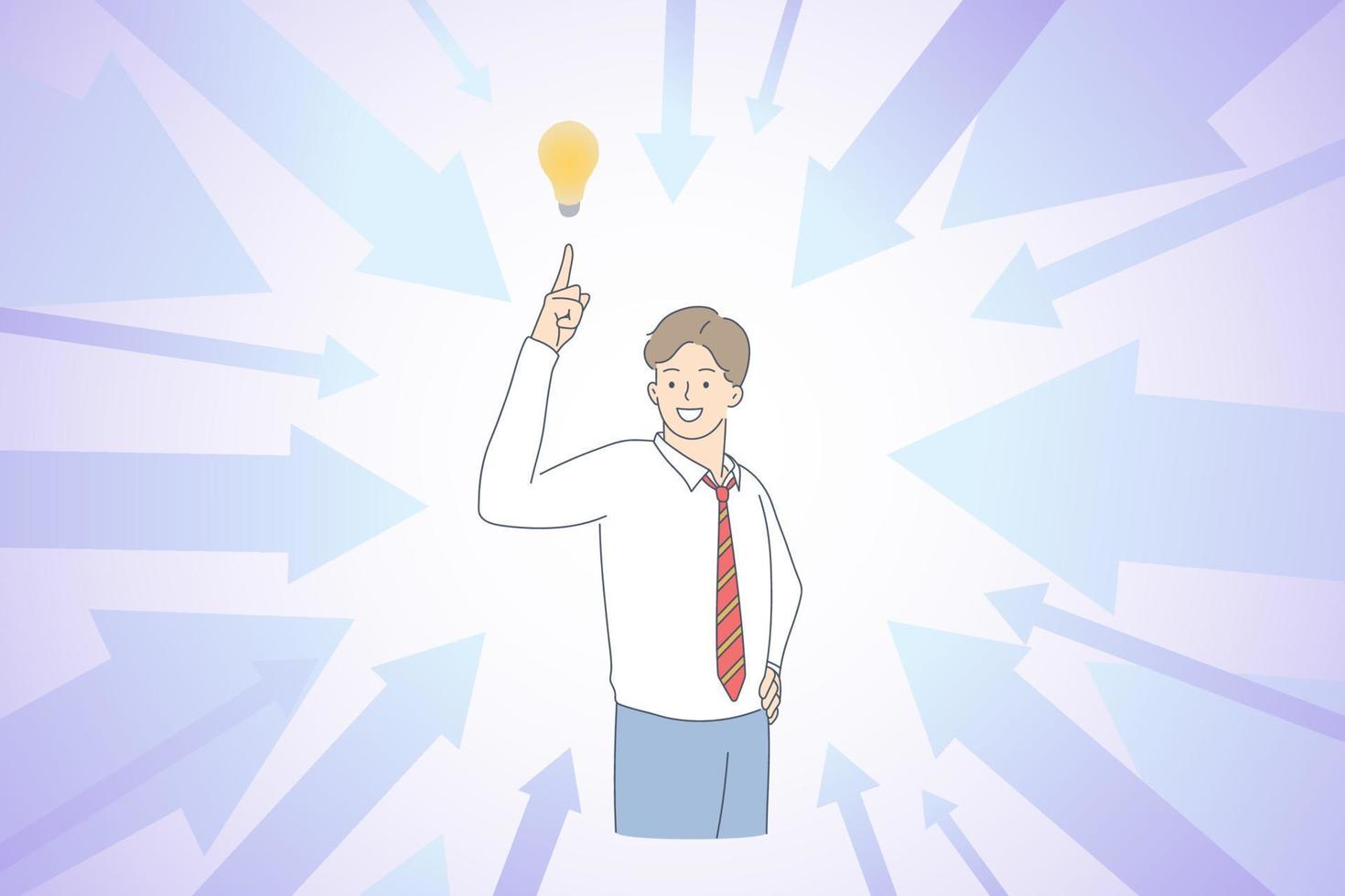 Having great business idea concept. Young smiling businessman cartoon character standing pointing at light bulb above vector illustration