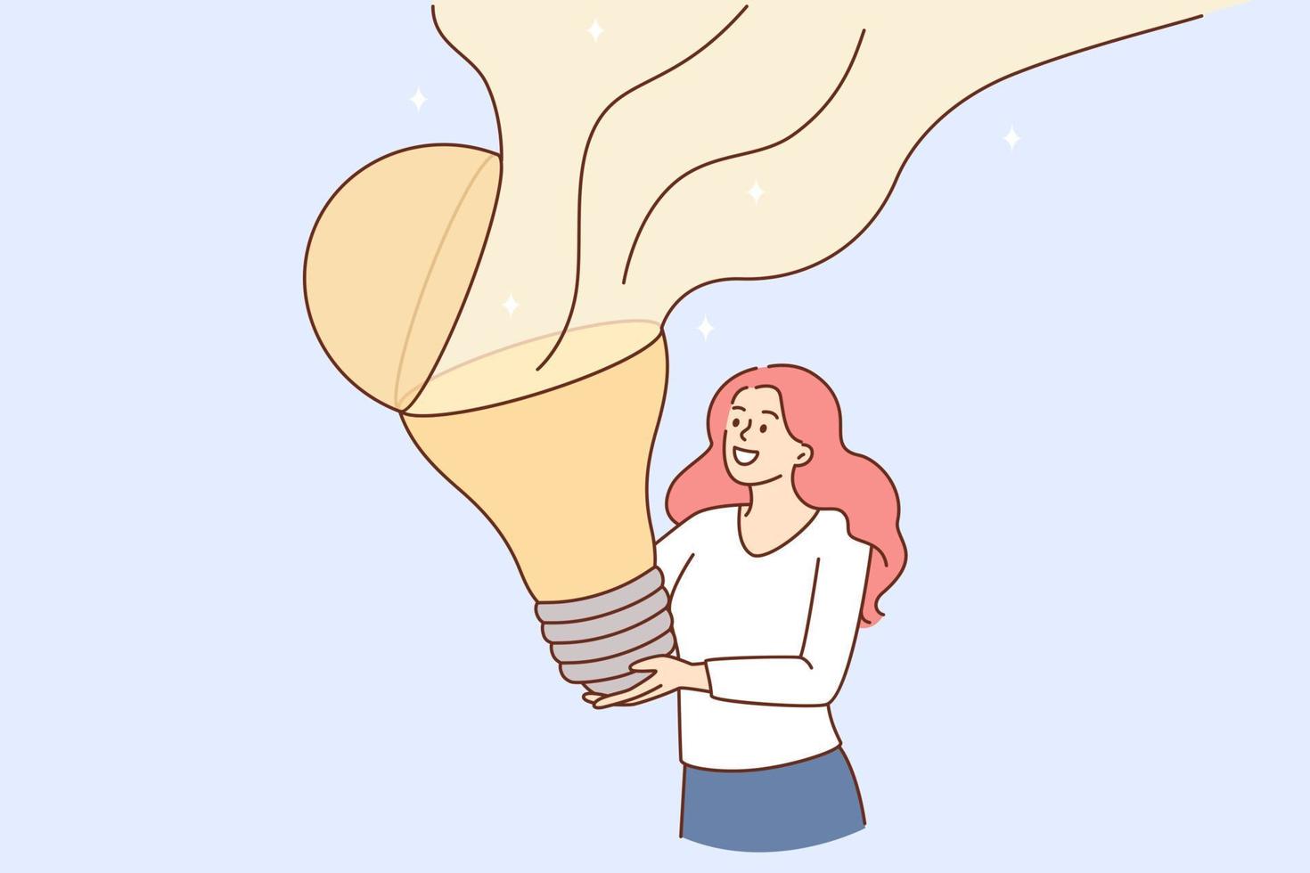Creativity and great idea concept. Young smiling woman cartoon character standing holding huge light bulb with flying blame vector illustration
