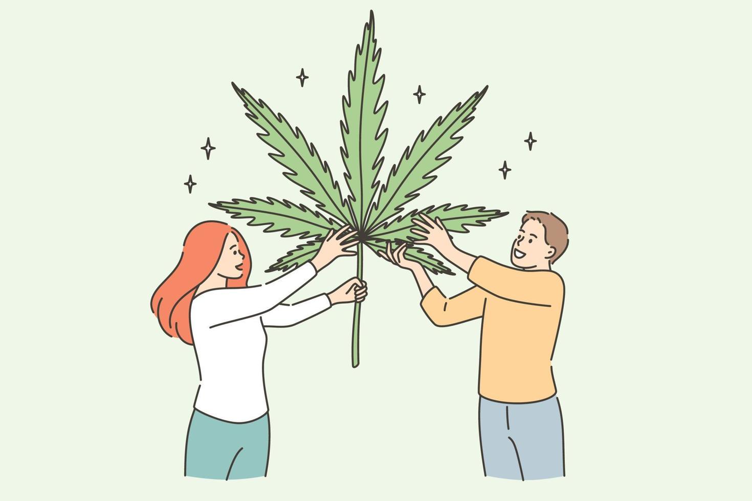 creciente concepto de medicina herbaria de marihuana. dos jóvenes sonrientes personajes de dibujos animados de pie sosteniendo una enorme hoja de marihuana en las manos ilustración vectorial vector