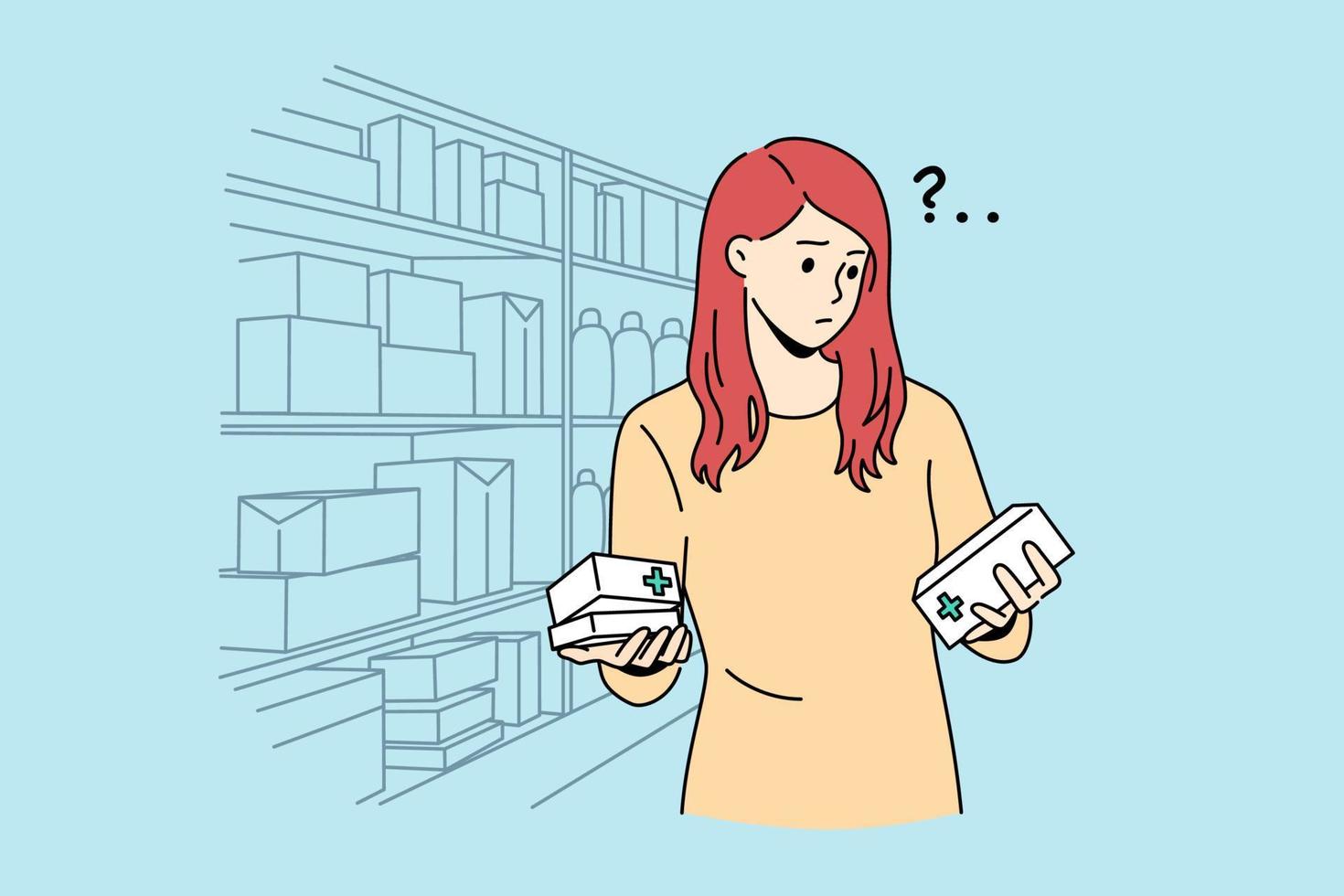 Difficult choice in pharmacy concept. Young frustrated woman cartoon character standing trying to choose right medicine in pharmacy shop vector illustration