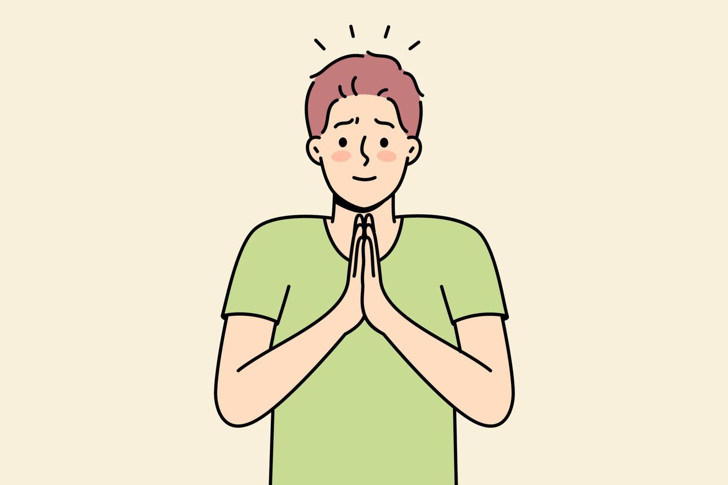 Smiling young man with hands in prayer ask for forgiveness. Male join hands feel grateful or thankful. Gratitude concept. Vector illustration.