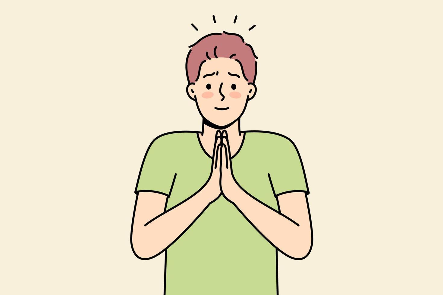 un joven sonriente con las manos en oración pide perdón. los hombres unen sus manos y se sienten agradecidos o agradecidos. concepto de gratitud. ilustración vectorial vector