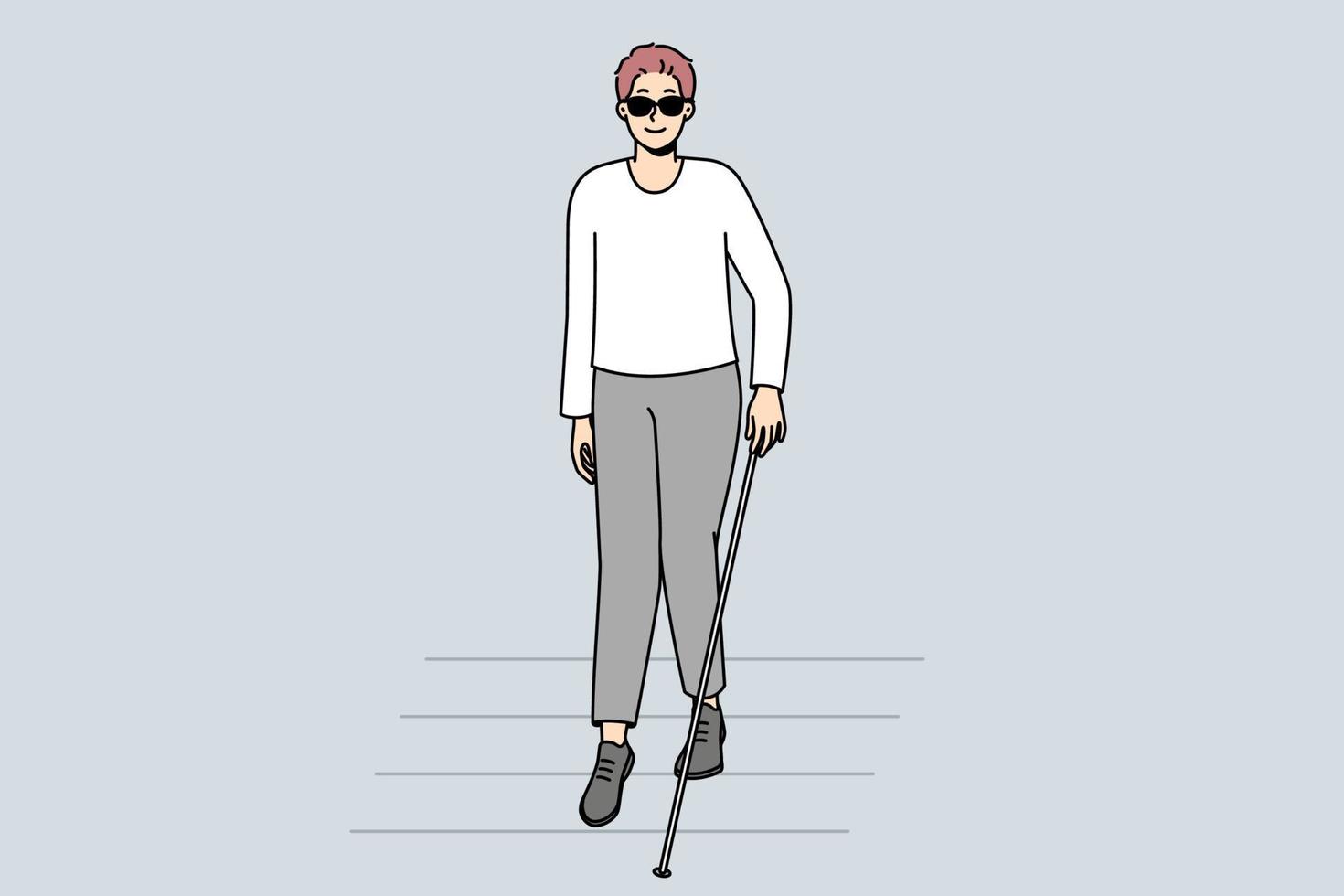 ciego con bastón caminando en el cruce de peatones. hombre discapacitado con gafas de sol oscuras cruzando la calle. discapacidad y salud. ilustración vectorial vector